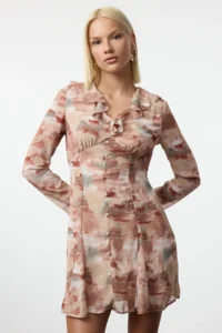 TRENDYOLMİLLA Brown Abstract Patterned A Cut Mini Lined Weaving Dress - Image 2