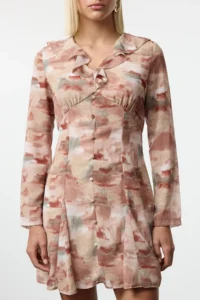 TRENDYOLMİLLA Brown Abstract Patterned A Cut Mini Lined Weaving Dress - Image 4