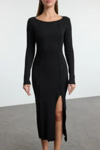 TRENDYOLMİLLA Black Plain slit Midi Boat Neck Fitted/Body-Sitting slit Knitting Dress - Image 3