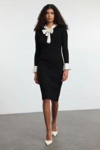 TRENDYOLMİLLA Black Regular Collar Binding Detailed Knit Dress