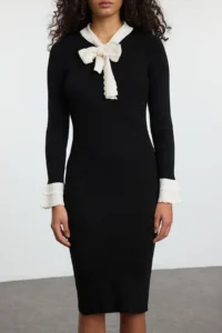 TRENDYOLMİLLA Black Regular Collar Binding Detailed Knit Dress - Image 2