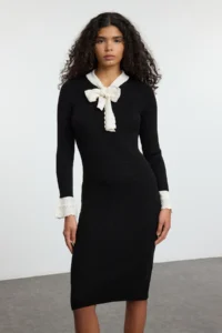 TRENDYOLMİLLA Black Regular Collar Binding Detailed Knit Dress - Image 3