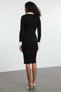 TRENDYOLMİLLA Black Regular Collar Binding Detailed Knit Dress - Image 5
