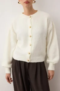 TRENDYOLMİLLA Ecru Button Detailed Soft textured Jacket Look Knitwear Cardigan - Image 3