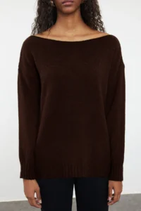 TRENDYOLMİLLA Brown Woolly Boat Neck Basic Knitwear Sweater - Image 2