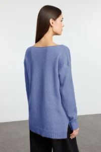 TRENDYOLMİLLA Indigo Woolly Boat Neck Basic Knitwear Sweater - Image 5
