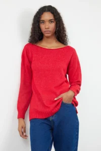 TRENDYOLMİLLA Red Woolly Boat Neck Basic Knitwear Sweater - Image 2