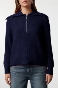 TRENDYOLMİLLA NAVY BLUE Woolly Wide Pattern Polo Shirt Collar Zippered Knitwear Sweater - Image 3