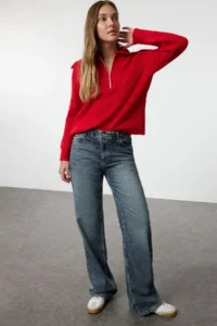TRENDYOLMİLLA Red Woolly Wide Pattern Polo Shirt Collar Zippered Knitwear Sweater - Image 2