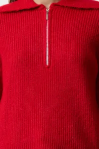 TRENDYOLMİLLA Red Woolly Wide Pattern Polo Shirt Collar Zippered Knitwear Sweater - Image 3
