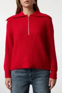 TRENDYOLMİLLA Red Woolly Wide Pattern Polo Shirt Collar Zippered Knitwear Sweater - Image 4