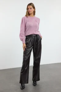 TRENDYOLMİLLA PINK Hairy Flower embroidered Knitwear Sweater - Image 2