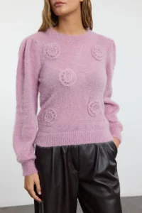 TRENDYOLMİLLA PINK Hairy Flower embroidered Knitwear Sweater - Image 3