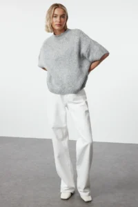 TRENDYOLMİLLA Gray Wide Pattern Soft textured Knitwear Sweater - Image 7