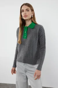 TRENDYOLMİLLA Anthracite Soft textured Polo Shirt Collar Color Blocked Knitwear Sweater