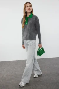 TRENDYOLMİLLA Anthracite Soft textured Polo Shirt Collar Color Blocked Knitwear Sweater - Image 2