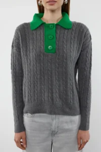 TRENDYOLMİLLA Anthracite Soft textured Polo Shirt Collar Color Blocked Knitwear Sweater - Image 3