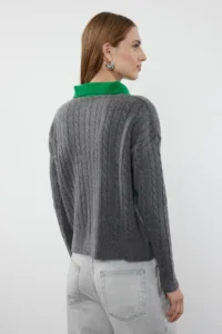 TRENDYOLMİLLA Anthracite Soft textured Polo Shirt Collar Color Blocked Knitwear Sweater - Image 5