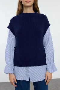 TRENDYOLMİLLA NAVY BLUE Soft textured Shirt Garnished Knitwear Sweater - Image 3