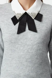 TRENDYOLMİLLA Gray Soft textured Shirt Garnished Ribbon/Bow Detailed Rocky Knitwear Sweater - Image 3