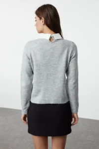 TRENDYOLMİLLA Gray Soft textured Shirt Garnished Ribbon/Bow Detailed Rocky Knitwear Sweater - Image 5