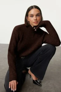 TRENDYOLMİLLA Brown Woolly High Neck Knitwear Sweater