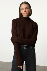 TRENDYOLMİLLA Brown Woolly High Neck Knitwear Sweater - Image 2