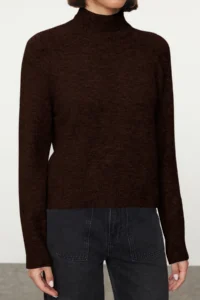 TRENDYOLMİLLA Brown Woolly High Neck Knitwear Sweater - Image 3