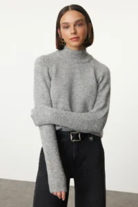 TRENDYOLMİLLA Gray Woolly High Neck Knitwear Sweater