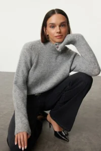TRENDYOLMİLLA Gray Woolly High Neck Knitwear Sweater - Image 2