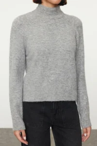TRENDYOLMİLLA Gray Woolly High Neck Knitwear Sweater - Image 3
