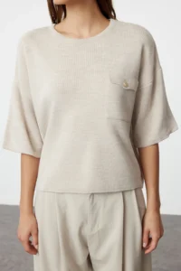 TRENDYOLMİLLA Beige Pocket Detail Knitwear Sweater - Image 4