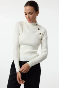 TRENDYOLMİLLA Ecru Button High Neck Detailed Thin Fitted/Bodysuit hugging Knitwear Sweater