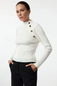 TRENDYOLMİLLA Ecru Button High Neck Detailed Thin Fitted/Bodysuit hugging Knitwear Sweater - Image 2