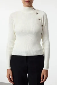 TRENDYOLMİLLA Ecru Button High Neck Detailed Thin Fitted/Bodysuit hugging Knitwear Sweater - Image 3