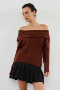 TRENDYOLMİLLA Brown Soft textured Carmen Collar Knitwear Sweater - Image 3
