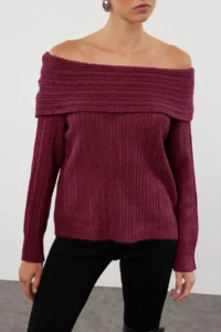 TRENDYOLMİLLA Burgundy Soft textured Carmen Collar Knitwear Sweater - Image 4