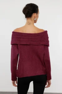 TRENDYOLMİLLA Burgundy Soft textured Carmen Collar Knitwear Sweater - Image 5