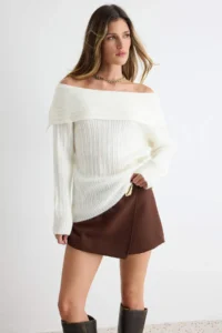 TRENDYOLMİLLA Ecru Soft textured Carmen Collar Knitwear Sweater - Image 2