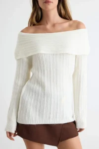 TRENDYOLMİLLA Ecru Soft textured Carmen Collar Knitwear Sweater - Image 3