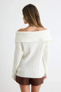 TRENDYOLMİLLA Ecru Soft textured Carmen Collar Knitwear Sweater - Image 4