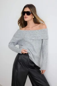 TRENDYOLMİLLA Gray Soft textured Carmen Collar Knitwear Sweater - Image 2