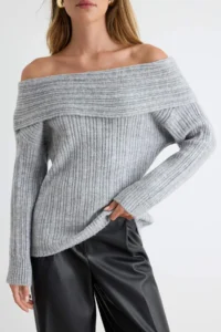 TRENDYOLMİLLA Gray Soft textured Carmen Collar Knitwear Sweater - Image 3