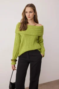 TRENDYOLMİLLA Light Green Soft textured Carmen Collar Knitwear Sweater - Image 2