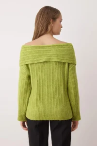 TRENDYOLMİLLA Light Green Soft textured Carmen Collar Knitwear Sweater - Image 3