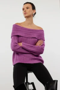 TRENDYOLMİLLA Plum Soft textured Carmen Collar Knitwear Sweater