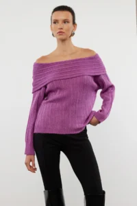 TRENDYOLMİLLA Plum Soft textured Carmen Collar Knitwear Sweater - Image 2
