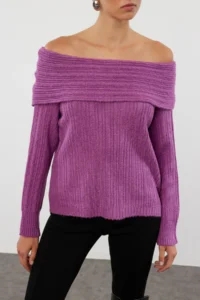 TRENDYOLMİLLA Plum Soft textured Carmen Collar Knitwear Sweater - Image 3