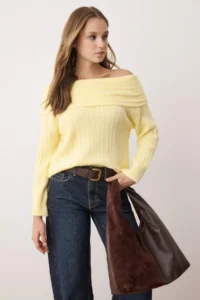 TRENDYOLMİLLA Yellow Soft textured Carmen Collar Knitwear Sweater - Image 3