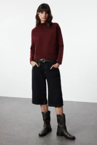 TRENDYOLMİLLA Burgundy Pocket Detail Soft textured High Neck Knitwear Sweater - Image 2